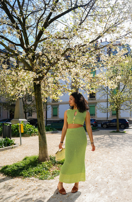 Pistachio crochet maxi skirt
